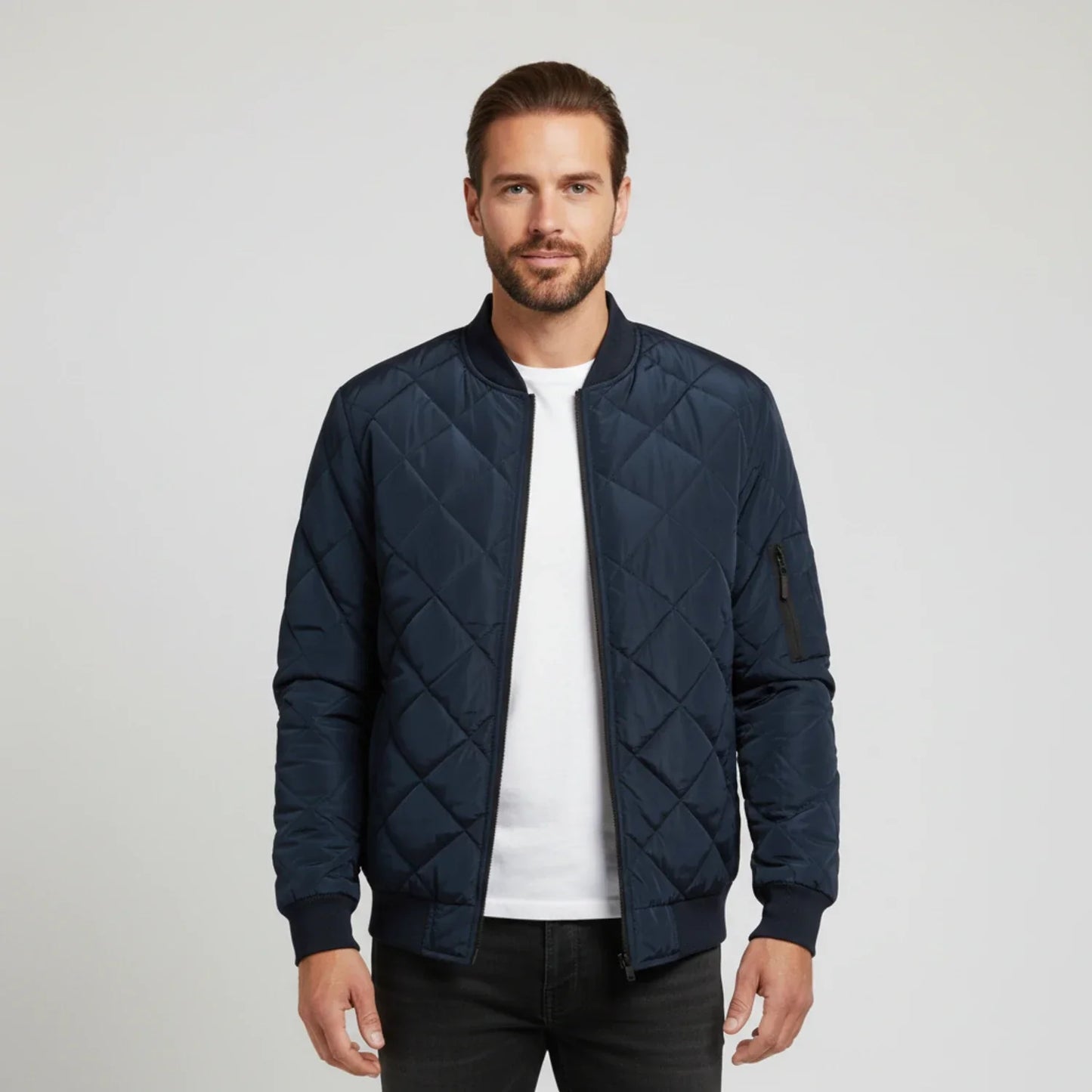 Veste Bomber Matelassée Pour Homme Avec Motif Diamant Léger Et Fermeture Éclair Noire Amawinc