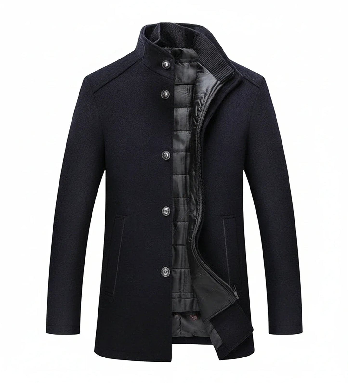 Manteau En Laine Pour Homme Avec Col Debout Doublure Matelassée Coupe Slim Mi Long Marron