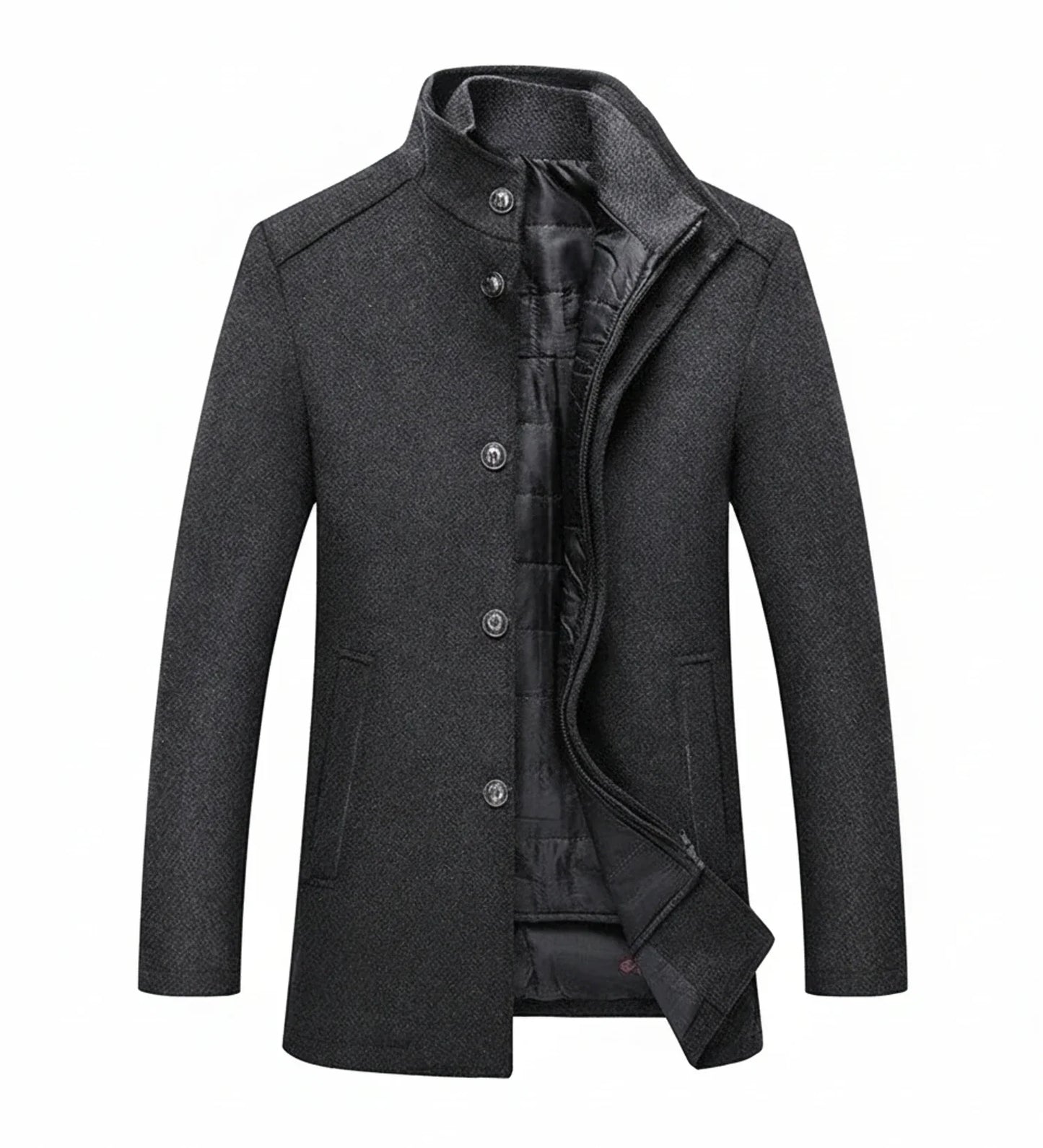 Manteau En Laine Pour Homme Avec Col Debout Doublure Matelassée Coupe Slim Mi Long Marron