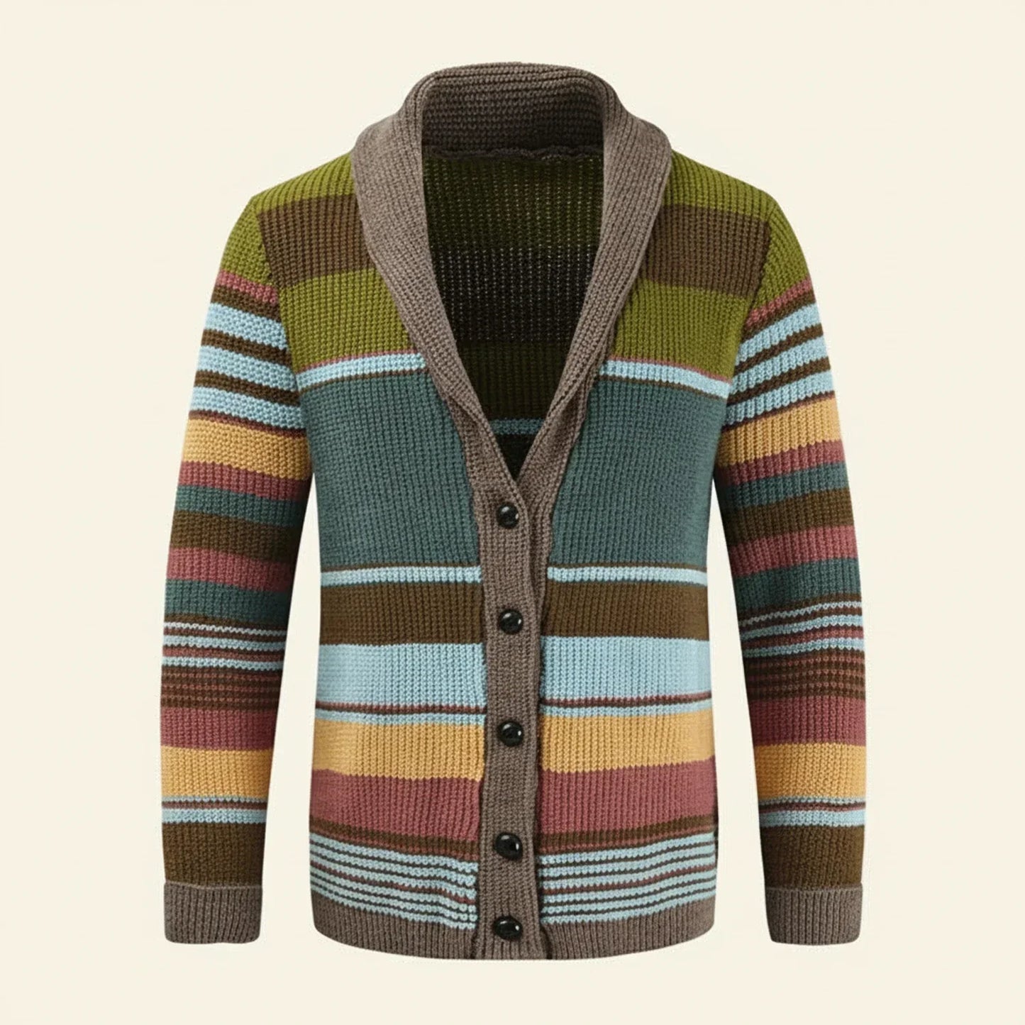 Cardigan Homme Multicolore À Col Châle À Rayures Multicolores Avec Boutons Et Bordures En Tricot