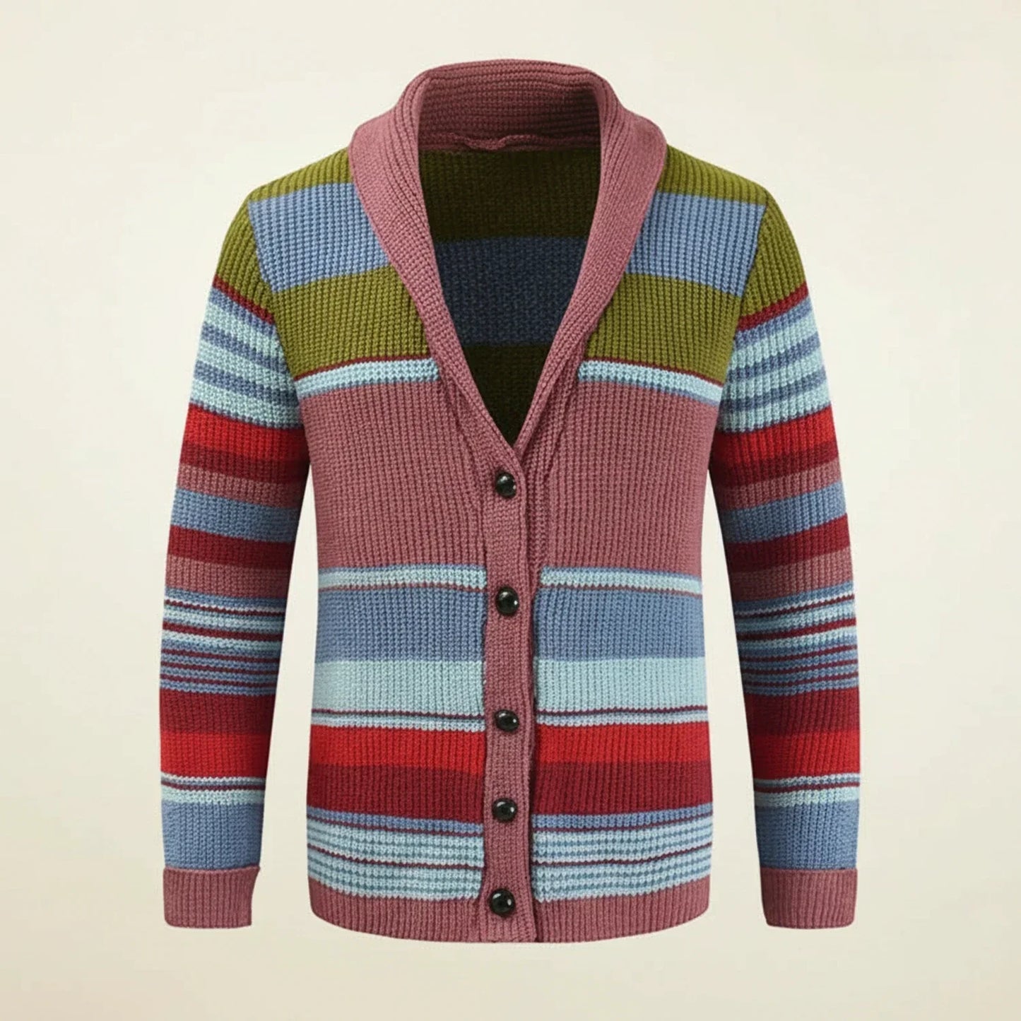 Cardigan Homme Multicolore À Col Châle À Rayures Multicolores Avec Boutons Et Bordures En Tricot