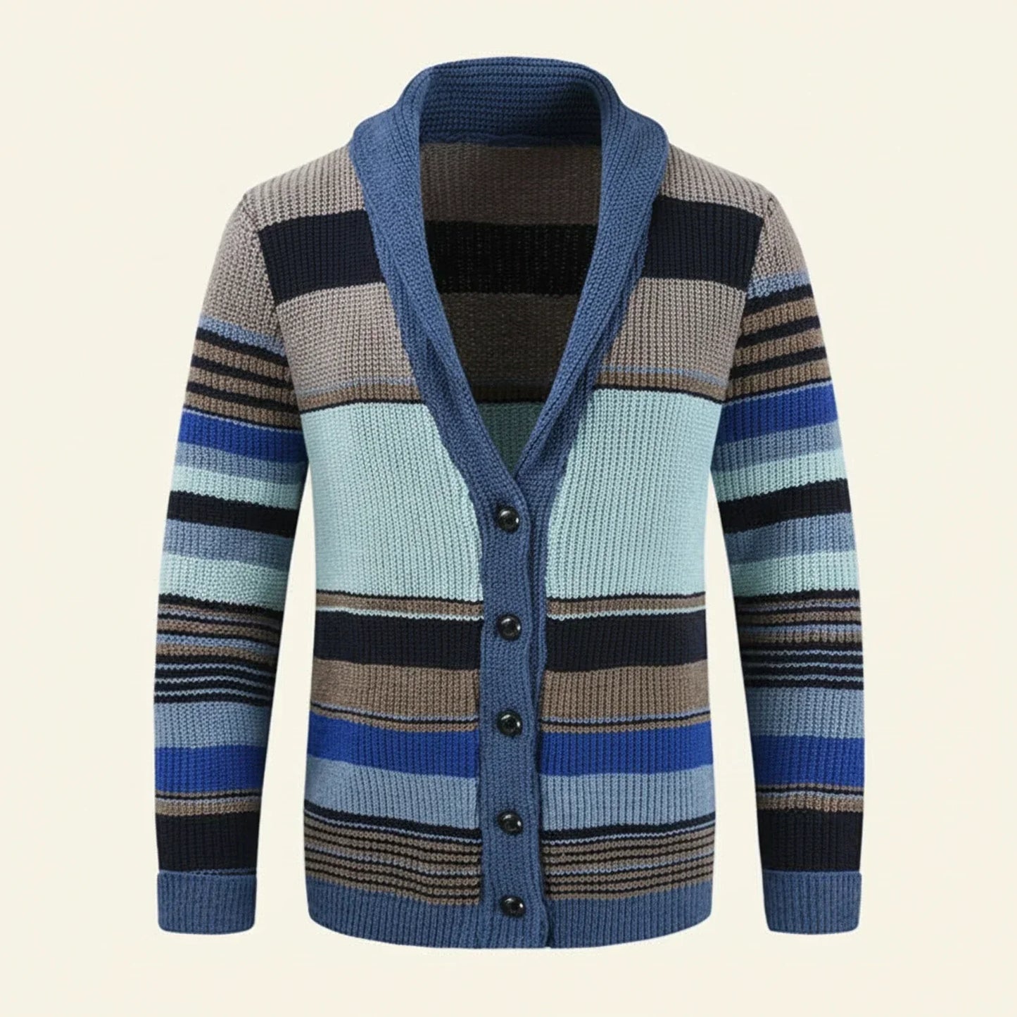 Cardigan Homme Multicolore À Col Châle À Rayures Multicolores Avec Boutons Et Bordures En Tricot