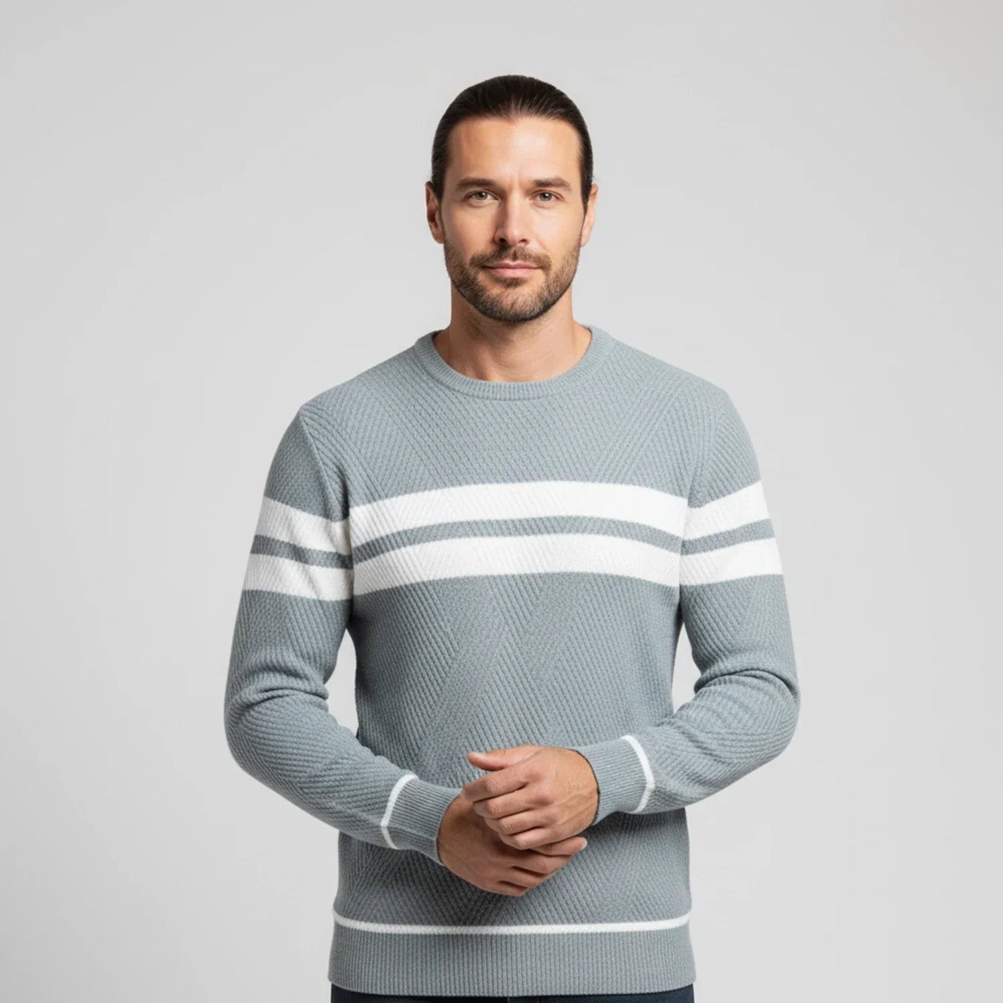 Pull Tricot À Rayures Vert Olive Avec Bande Blanche Col Rond Coupe Classique Pour Homme Idéal Décontracté Ou Semi Forme