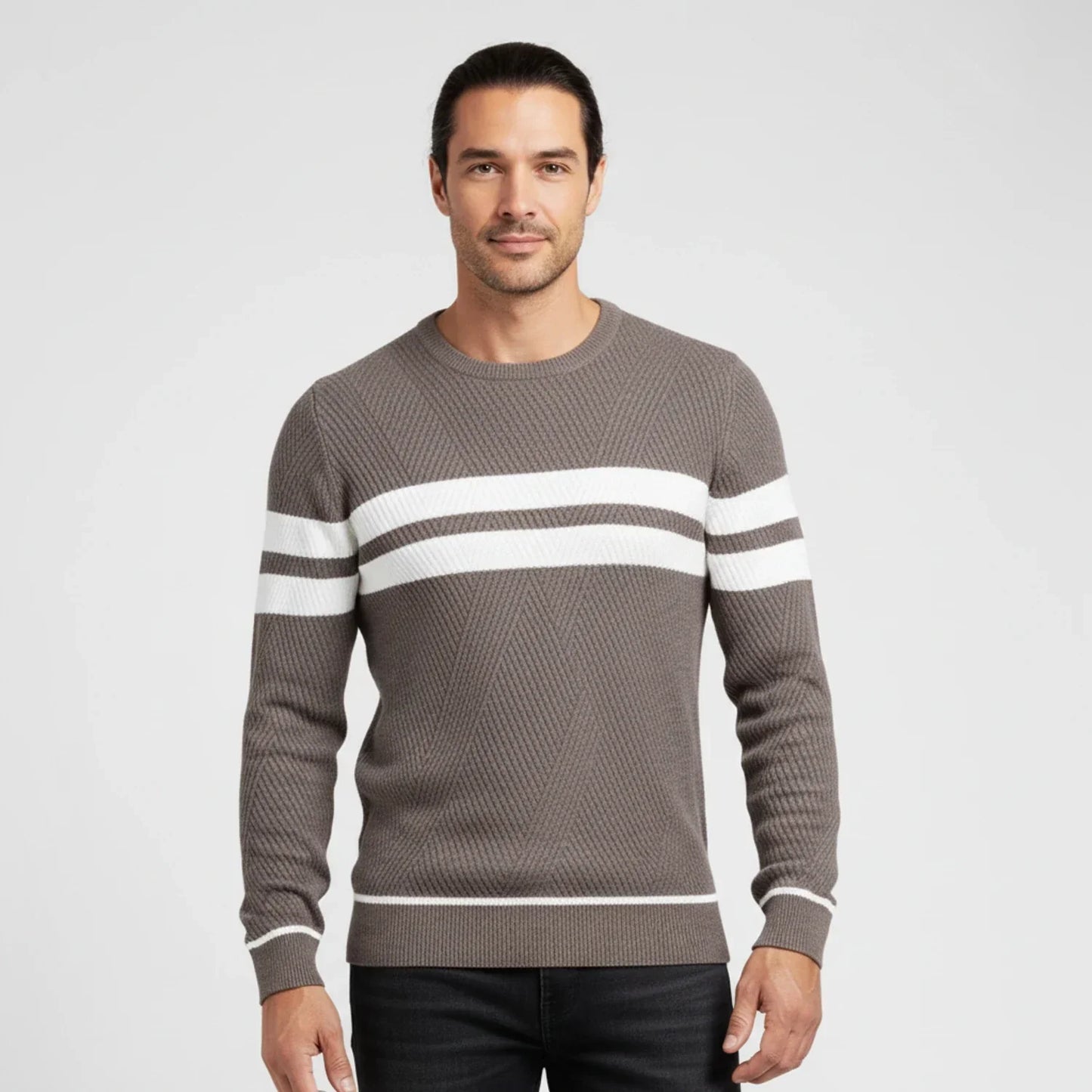 Pull Tricot À Rayures Vert Olive Avec Bande Blanche Col Rond Coupe Classique Pour Homme Idéal Décontracté Ou Semi Forme