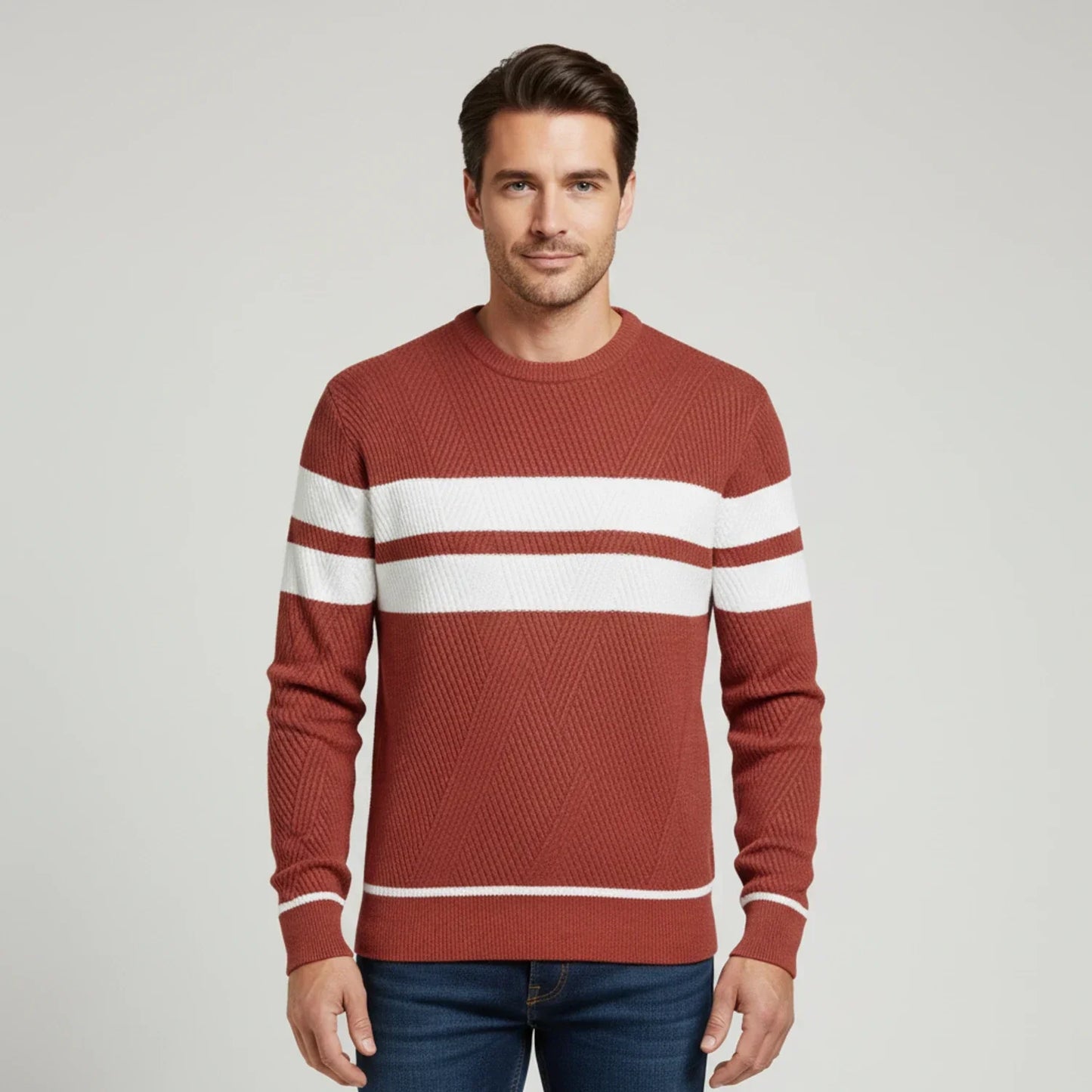 Pull Tricot À Rayures Vert Olive Avec Bande Blanche Col Rond Coupe Classique Pour Homme Idéal Décontracté Ou Semi Forme