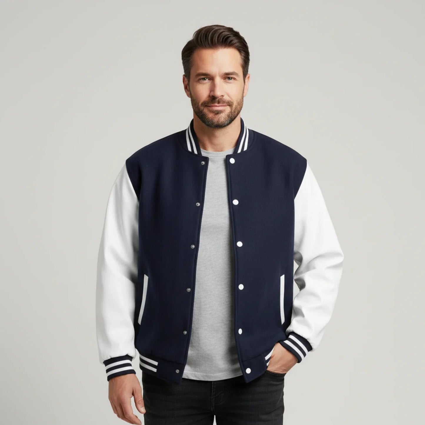 Veste Varsity Homme Noir Et Blanc Bloc De Couleur Avec Manches Contrastées Et Bords Côtes