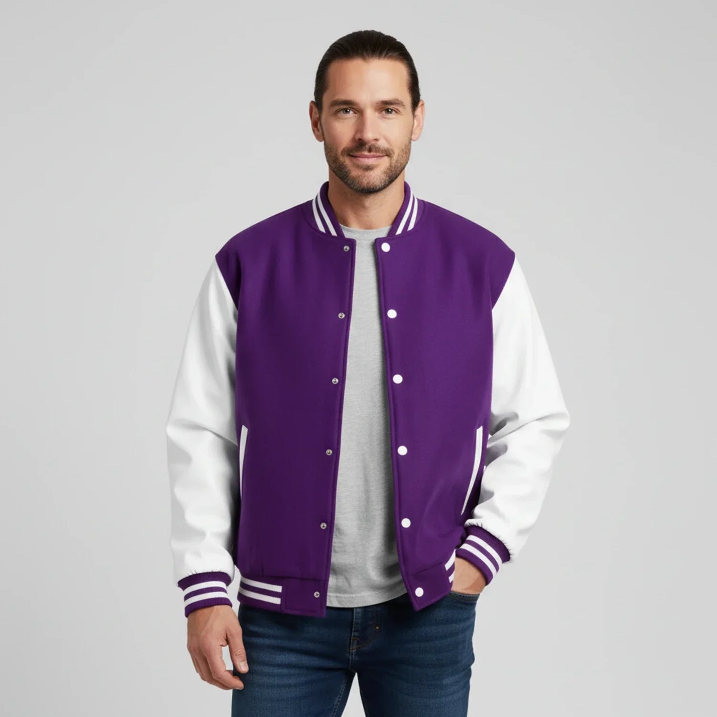 Veste Varsity Homme Noir Et Blanc Bloc De Couleur Avec Manches Contrastées Et Bords Côtes