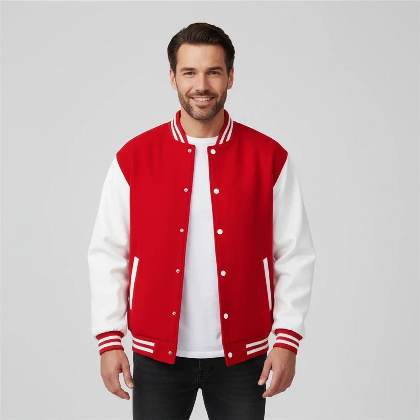 Veste Varsity Homme Noir Et Blanc Bloc De Couleur Avec Manches Contrastées Et Bords Côtes