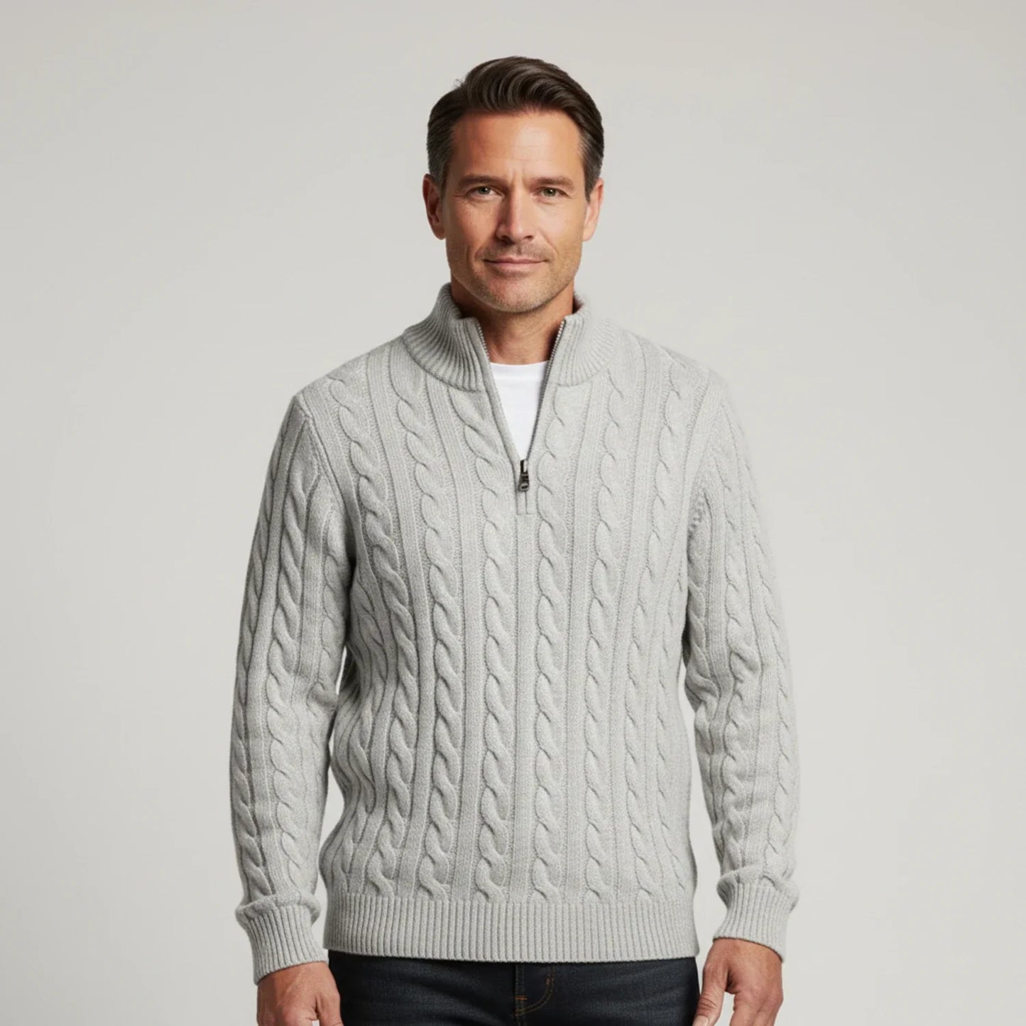 Pull Homme Col Zippé En Maille Torsadée Avec Col Montant Pour Superposition Et Tenue Quotidienne