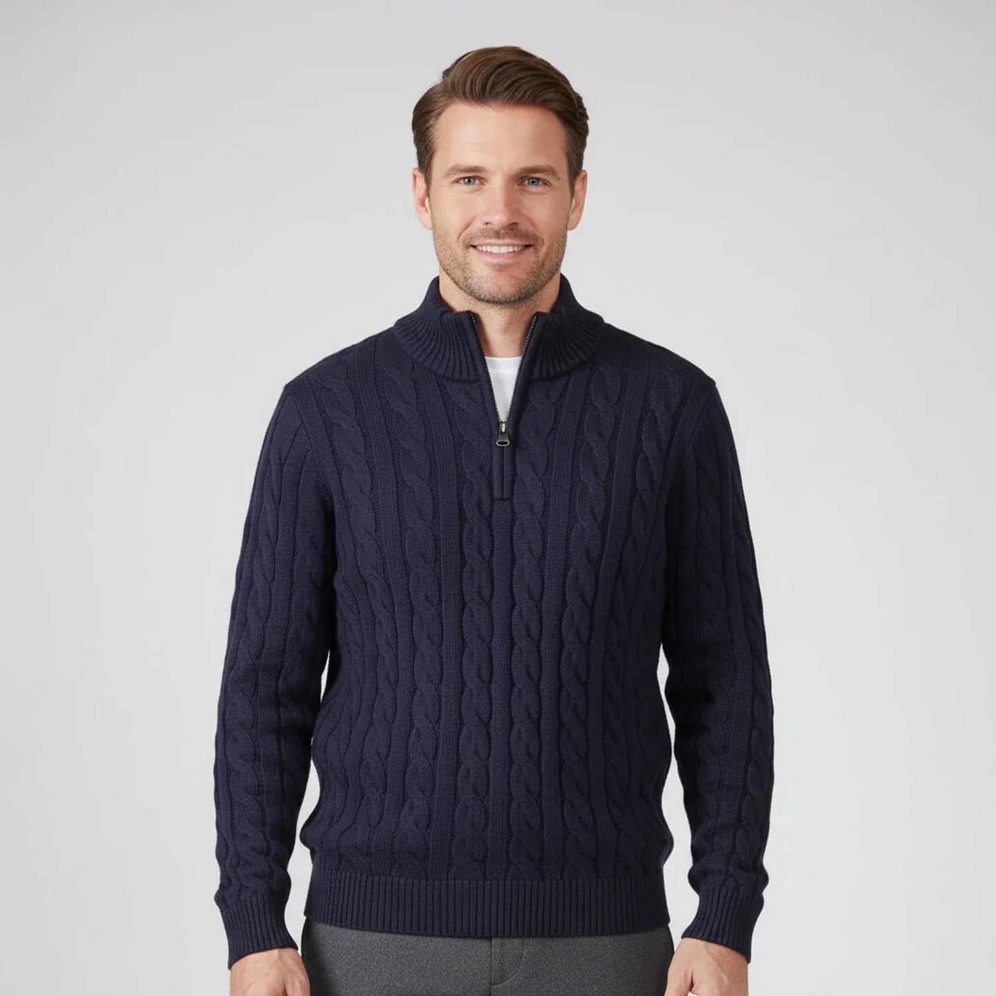 Pull Homme Col Zippé En Maille Torsadée Avec Col Montant Pour Superposition Et Tenue Quotidienne