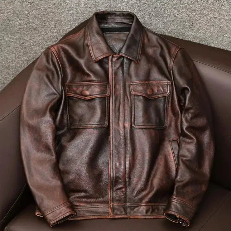 Veste Vintage en Cuir Amawinc Outlaw Patine Doublure Coton Respirante Zip Caché pour tous les jours