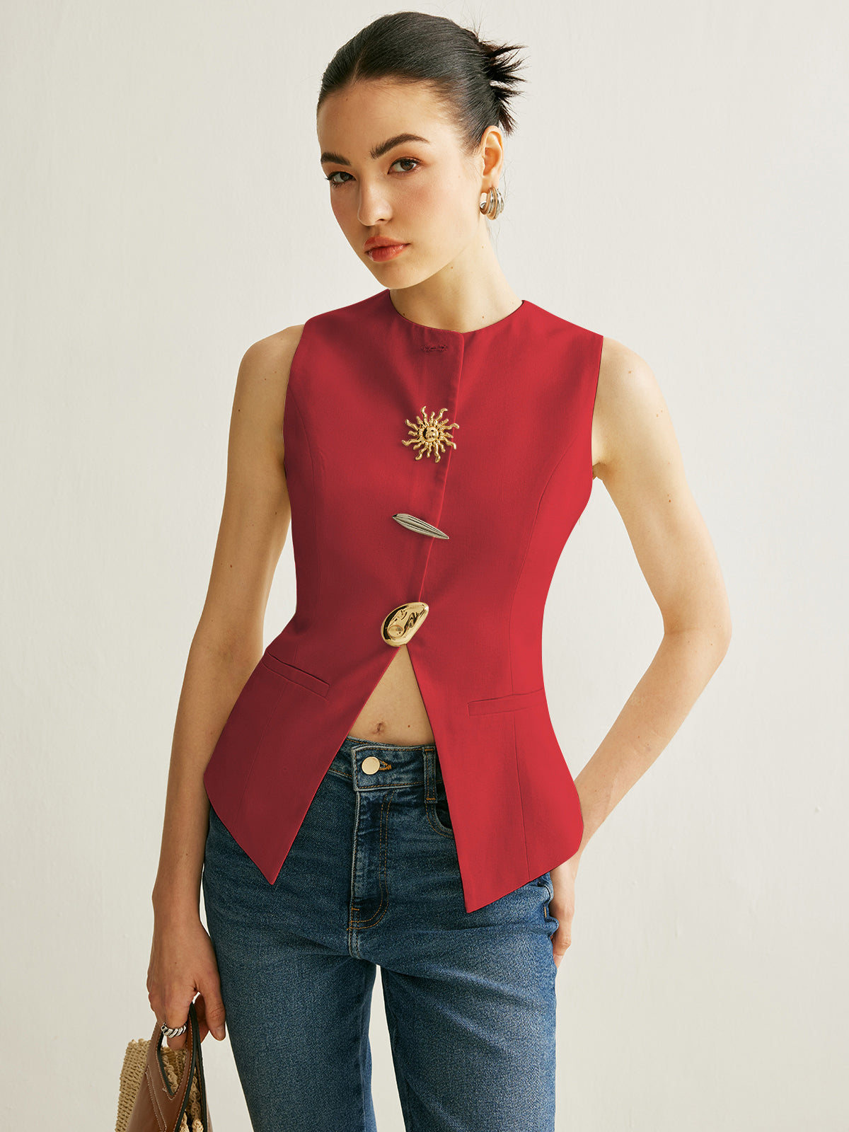 Gilet Sans Manches Détails Métalliques En Lin Viscose Coton Polyester Léger Confortable Pour Le Travail Et Vacances