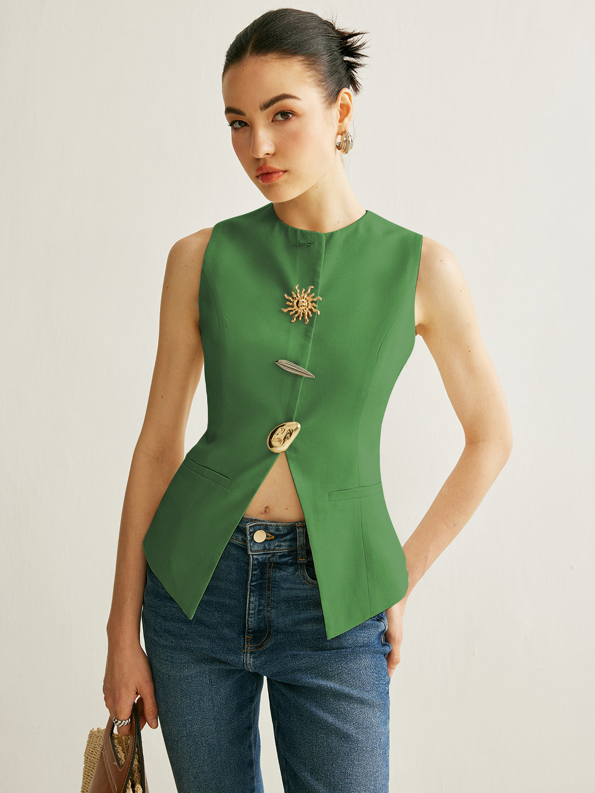 Gilet Sans Manches Détails Métalliques En Lin Viscose Coton Polyester Léger Confortable Pour Le Travail Et Vacances
