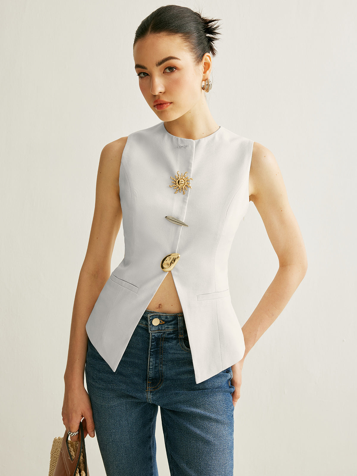 Gilet Sans Manches Détails Métalliques En Lin Viscose Coton Polyester Léger Confortable Pour Le Travail Et Vacances
