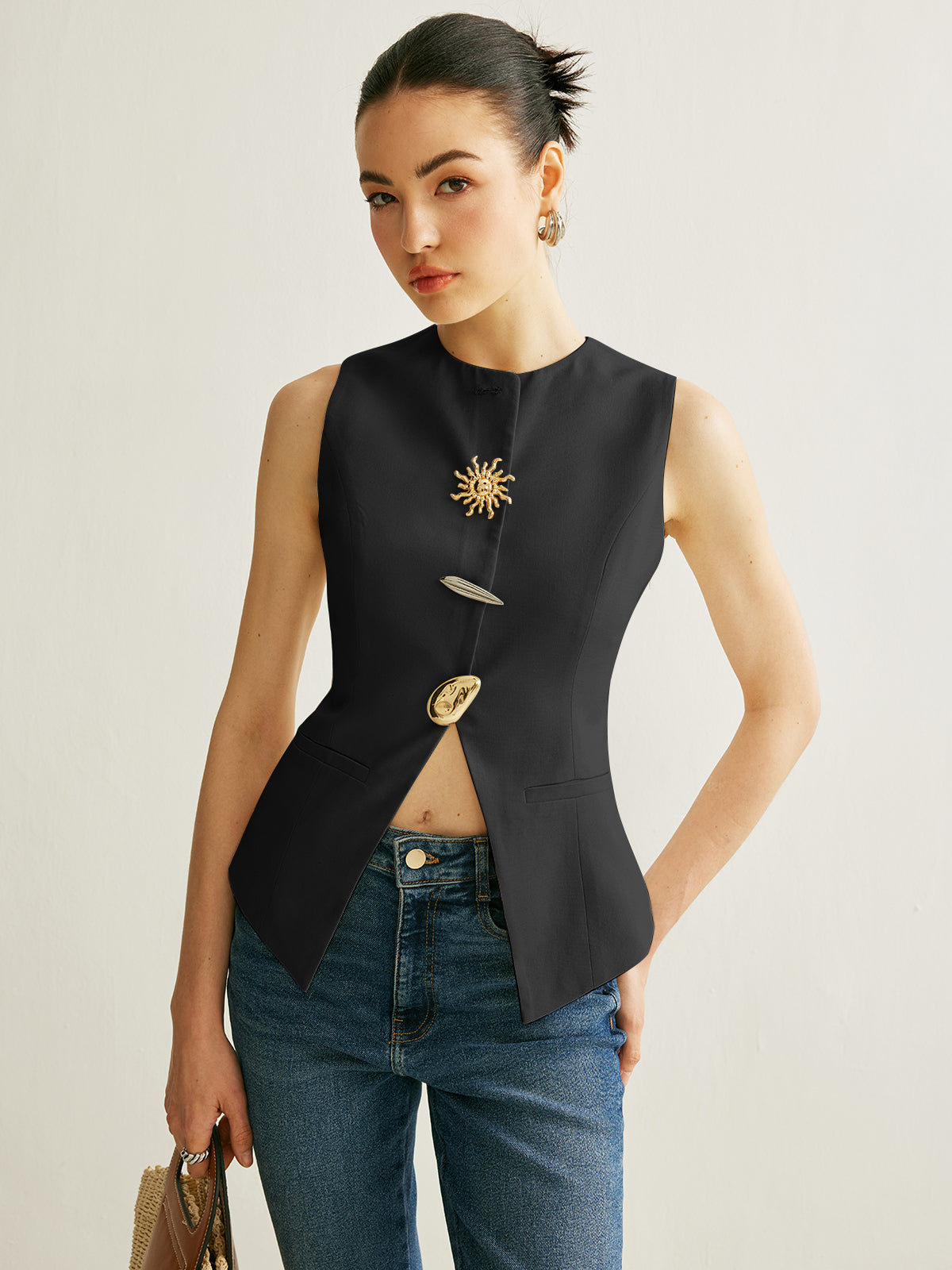 Gilet Sans Manches Détails Métalliques En Lin Viscose Coton Polyester Léger Confortable Pour Le Travail Et Vacances
