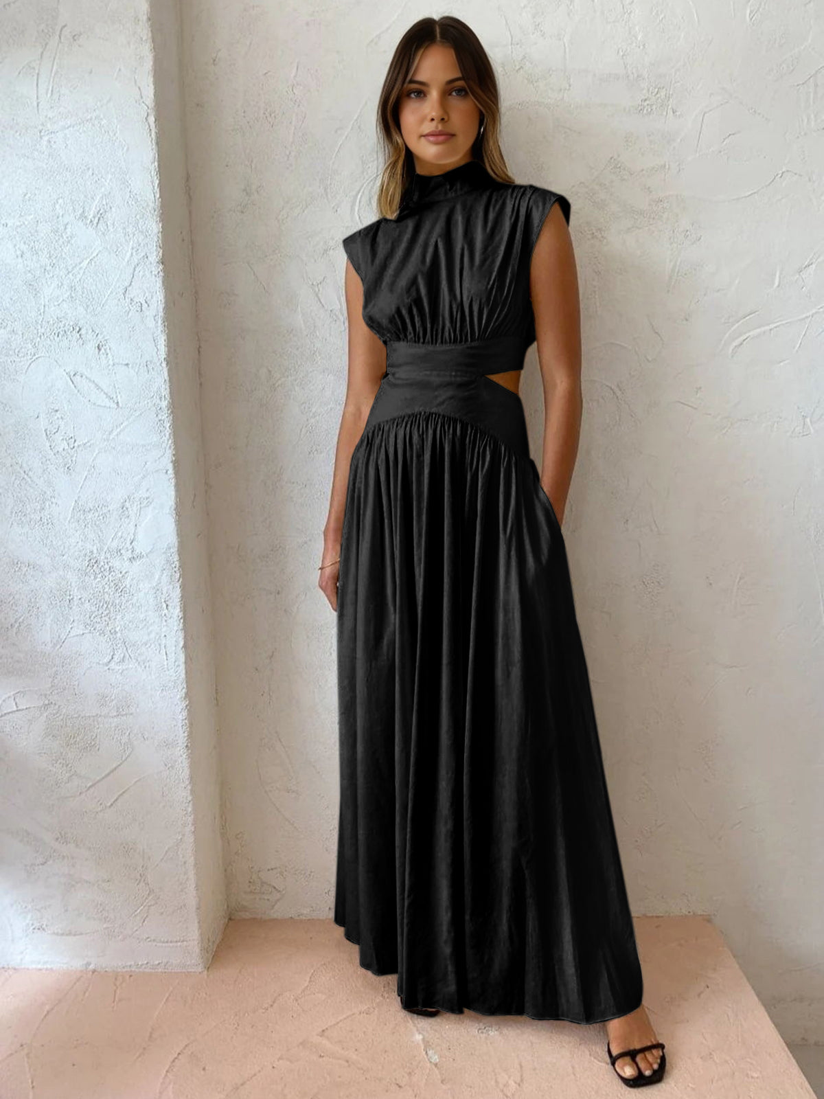 Robe Longue À Col Montant Avec Découpes Romantiques En Polyester Maxi Amawinc Pour Vacances Travail Et Fêtes