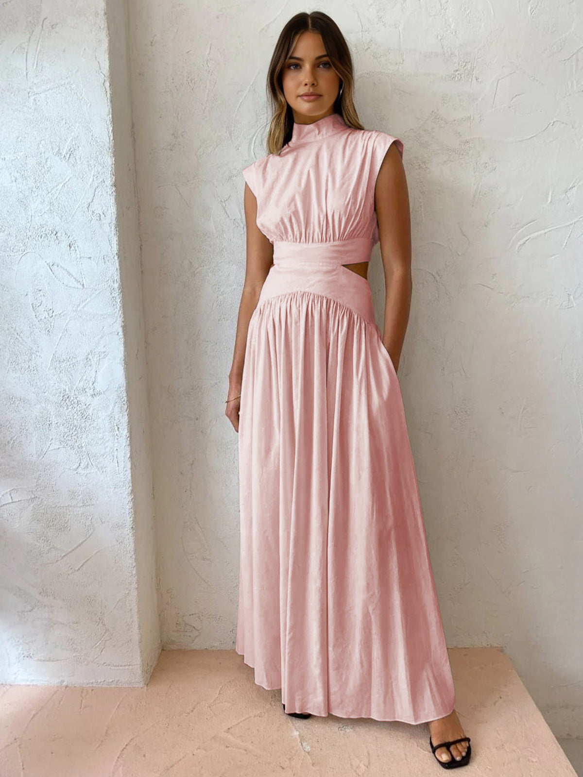 Robe Longue À Col Montant Avec Découpes Romantiques En Polyester Maxi Amawinc Pour Vacances Travail Et Fêtes