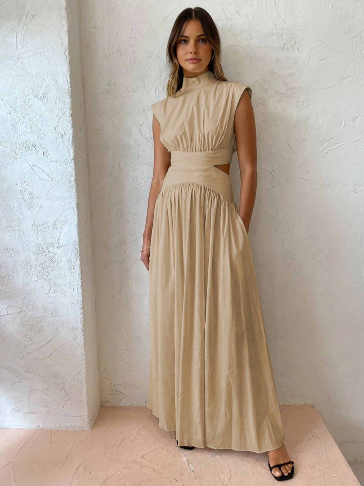 Robe Longue À Col Montant Avec Découpes Romantiques En Polyester Maxi Amawinc Pour Vacances Travail Et Fêtes