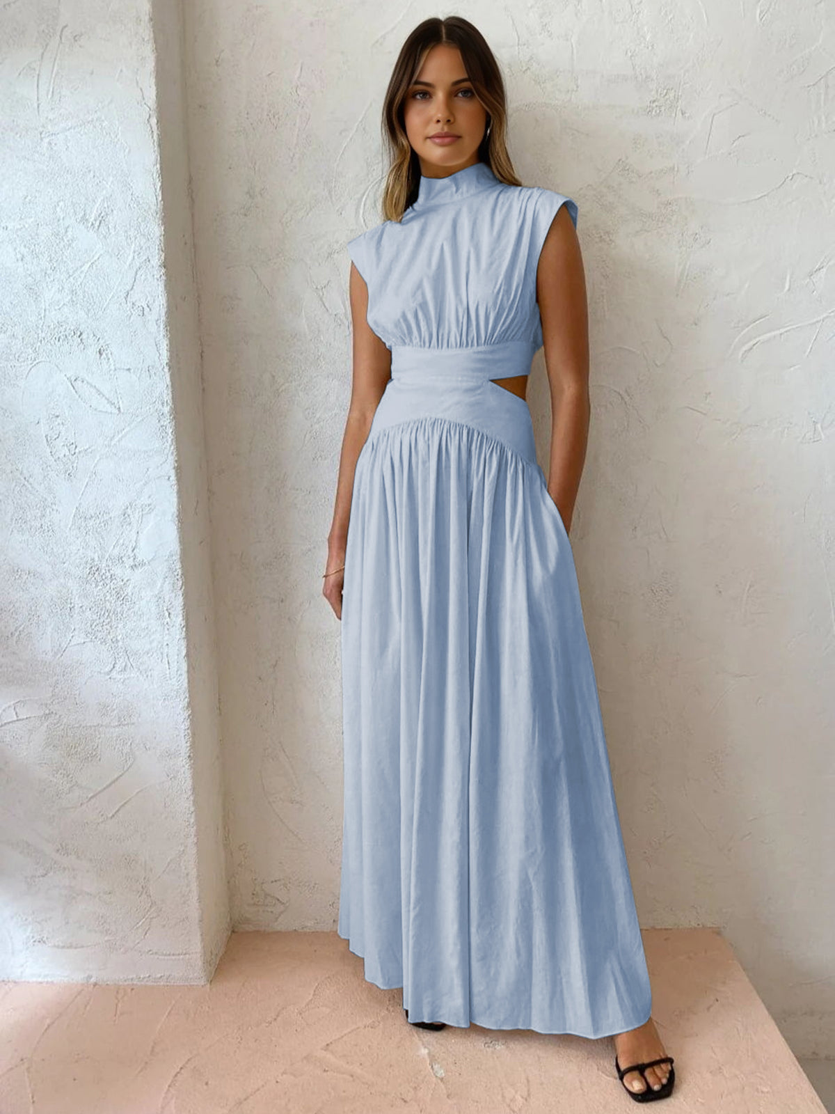 Robe Longue À Col Montant Avec Découpes Romantiques En Polyester Maxi Amawinc Pour Vacances Travail Et Fêtes