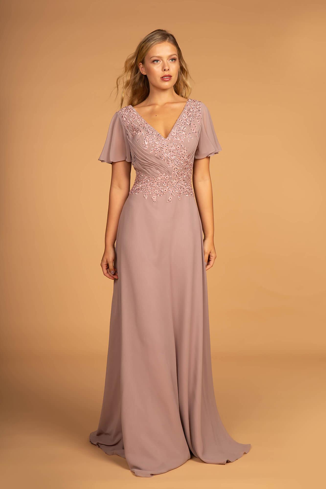Robe Longue En Chiffon Pour Mère De La Mariée Encolure En V Avec Broderie Florale Ornée De Perles Et Manches Courtes