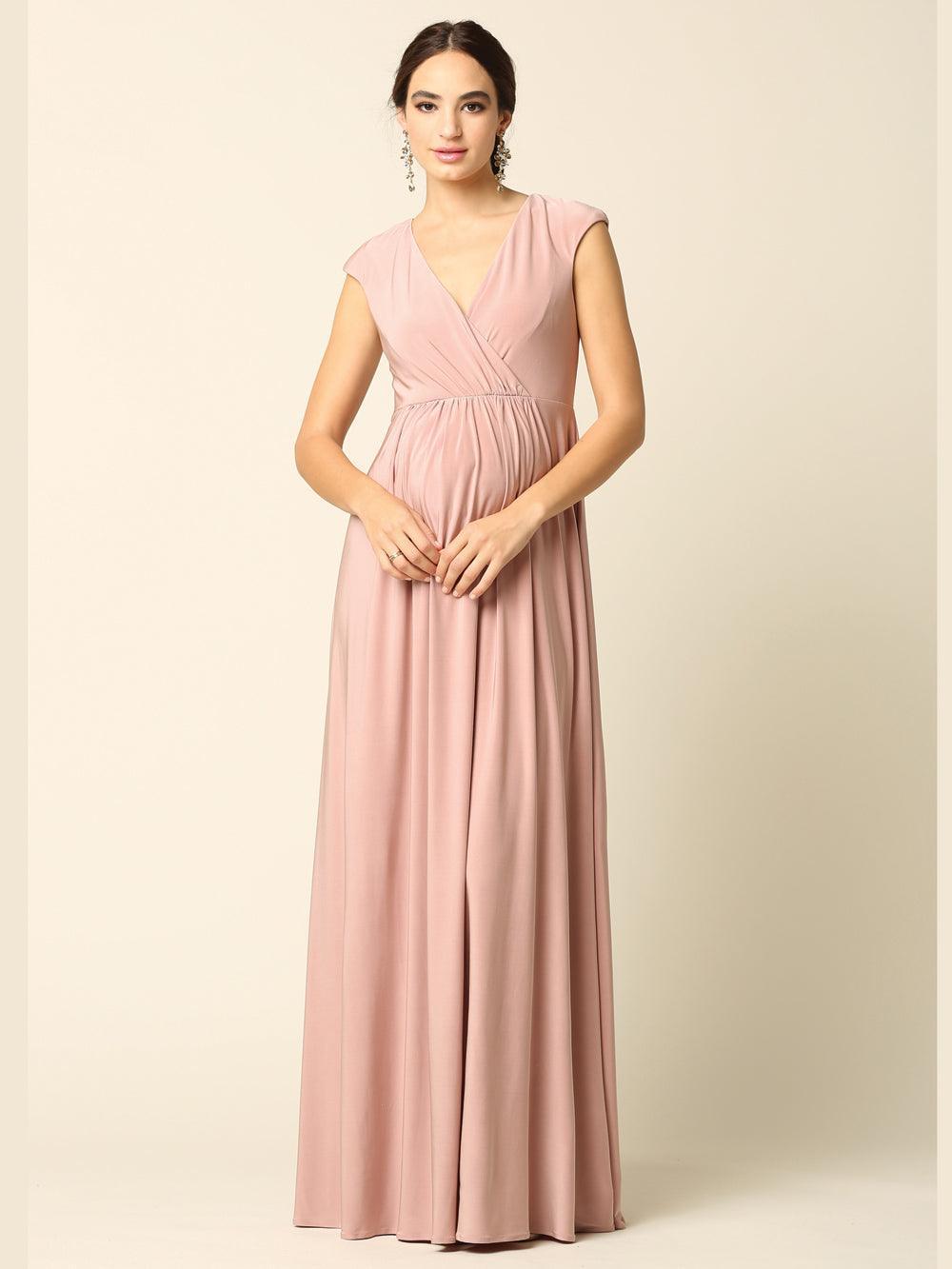 Robe Mère De La Mariée Col V Longue Formelle Fermeture Éclair Dos Manches Cap Entièrement Doublée
