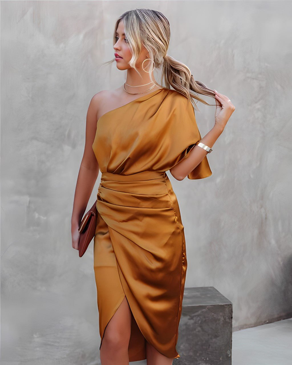 Robe Femme À Une Épaule, Design Asymétrique, Drapé, Fente, Effet Look Soie, Amawinc