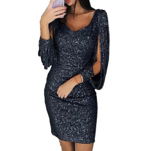 Robe de Soirée Femme en Paillettes à Décolleté en V et Manches Longues Drapées Corps Moulant