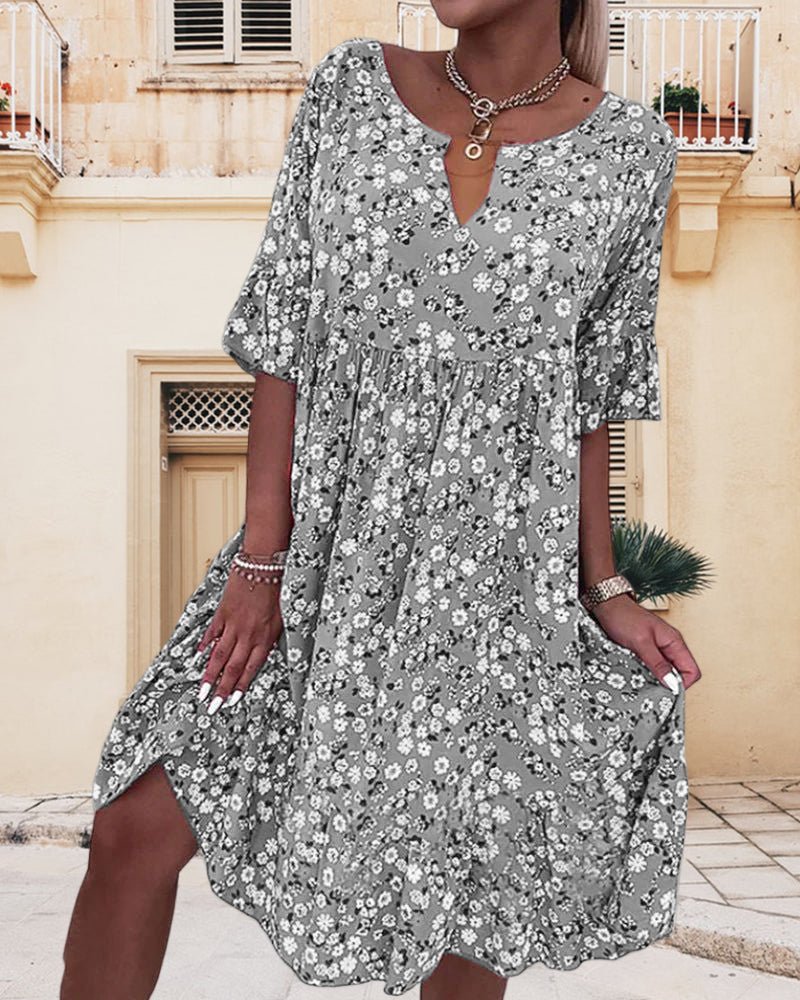 Robe Femme Légère et Respirante Coupe Ample Longueur Genou Encolure en V Manches à Volants Imprimé Fleuri