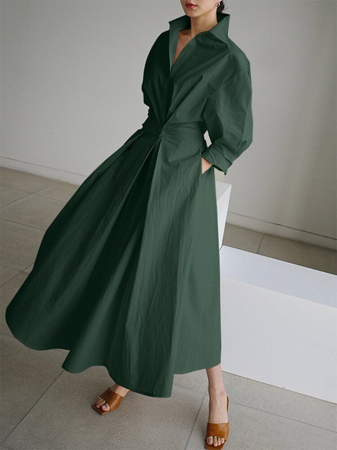 Robe Femme Midi Manches Longues Coupe Ajustée Avec Col Boutonné Et Jupe Fendue Polyvalente Pour Travail Et Soirées