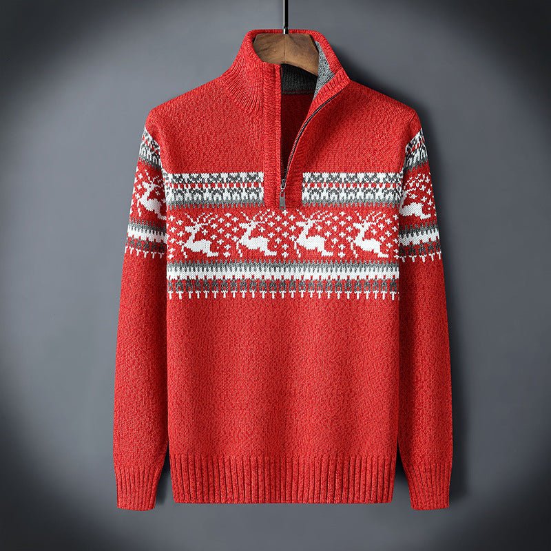 Pull Homme Maille Avec Zip Demi En Mélange De Laine Motif Nordique Et Bords Côtes Pour Style Confortable En Hiver