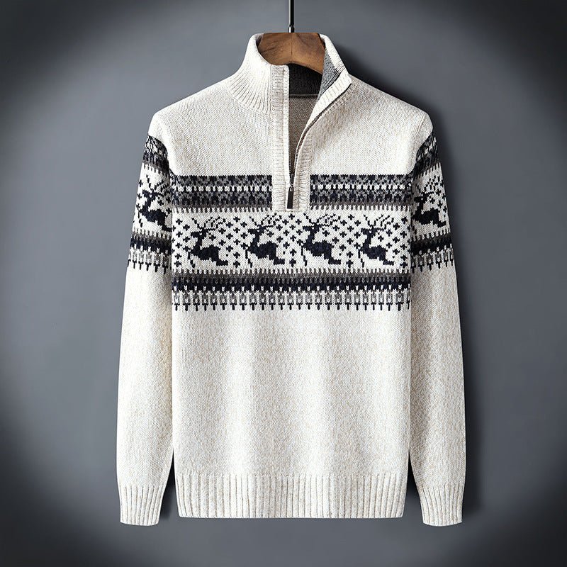 Pull Homme Maille Avec Zip Demi En Mélange De Laine Motif Nordique Et Bords Côtes Pour Style Confortable En Hiver