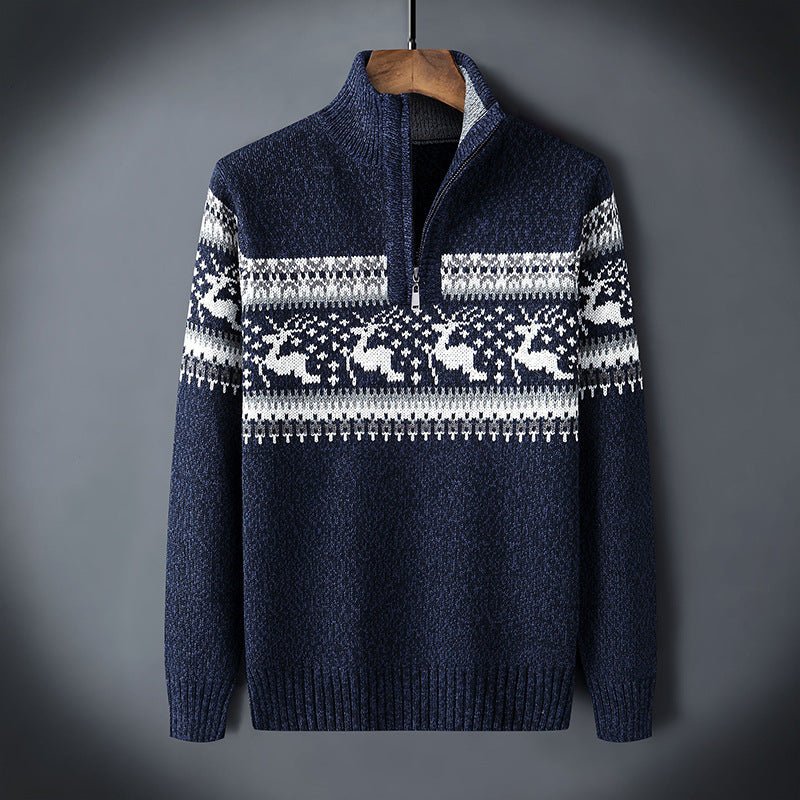 Pull Homme Maille Avec Zip Demi En Mélange De Laine Motif Nordique Et Bords Côtes Pour Style Confortable En Hiver
