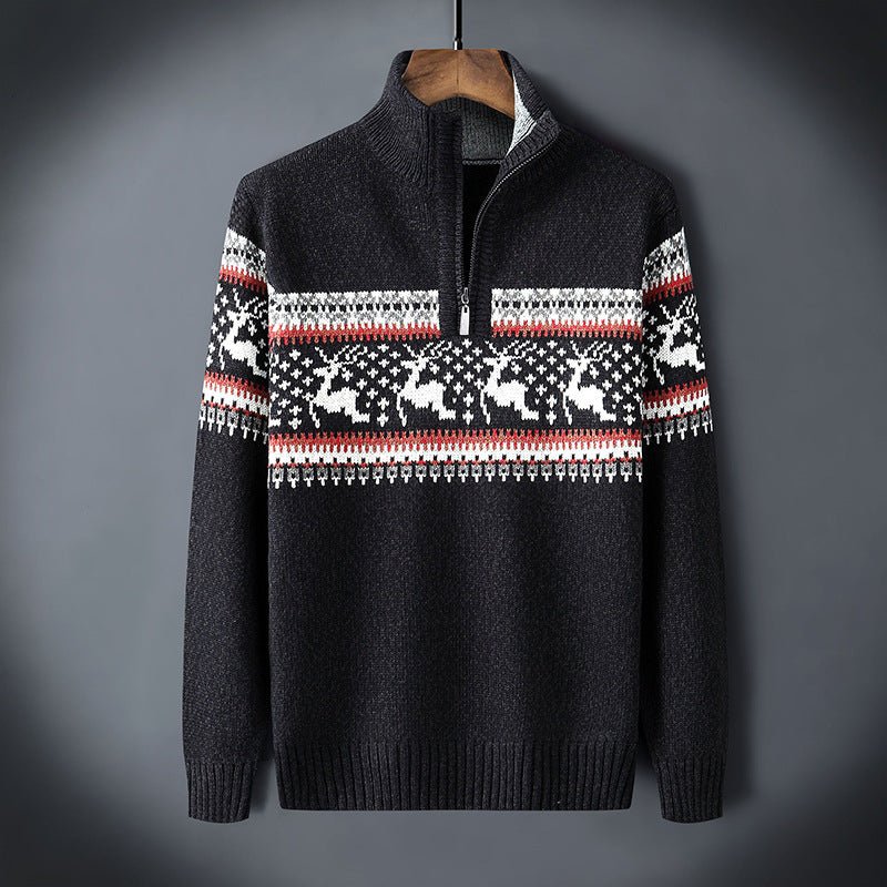 Pull Homme Maille Avec Zip Demi En Mélange De Laine Motif Nordique Et Bords Côtes Pour Style Confortable En Hiver
