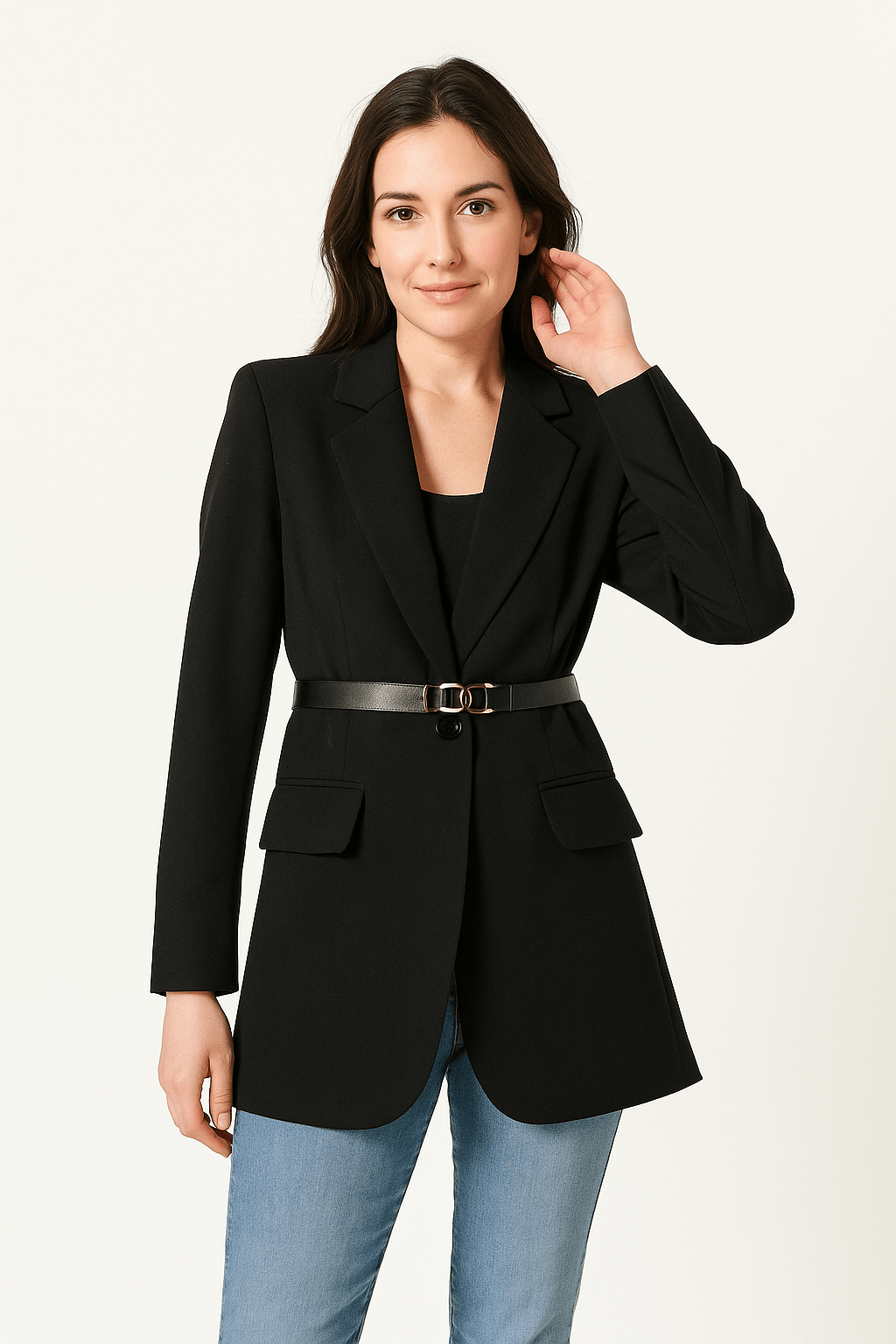 Veste Blazer Femme Coupe Tailleur Laine Mélangée Ceinture Col Revers Cranté Formelle