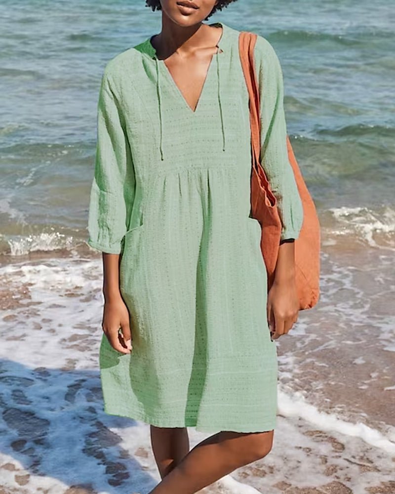 Robe Femme Plage Loose Fit Col En V Avec Laçage Manches Trois Quarts Tissu Léger Respirant Amawinc