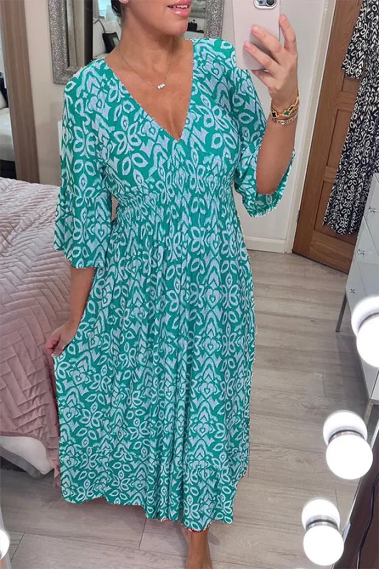 Robe Maxi Femme Encolure En V Manches Trois Quarts Coupe Décontractée Légère Et Respirante Pour Été Chaud