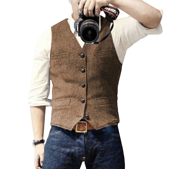 Gilet Homme Classique Col V Mélange Laine Boutonnage Poches Avant Pour Tenue Formelle Et Semi Formelle