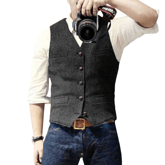 Gilet Homme Classique Col V Mélange Laine Boutonnage Poches Avant Pour Tenue Formelle Et Semi Formelle
