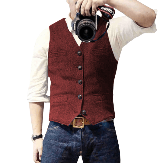 Gilet Homme Classique Col V Mélange Laine Boutonnage Poches Avant Pour Tenue Formelle Et Semi Formelle