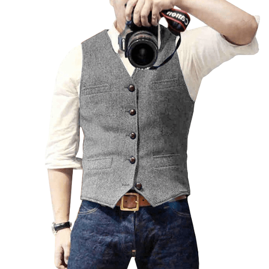 Gilet Homme Classique Col V Mélange Laine Boutonnage Poches Avant Pour Tenue Formelle Et Semi Formelle
