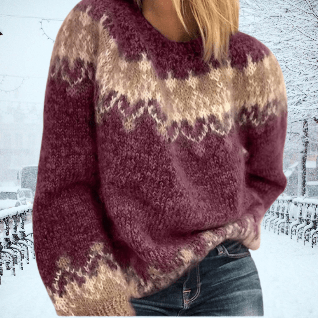 Pull Femme En Maille Laine Mélangée Oversize Col Rond Motif Nordique Pour Un Style Décontracté