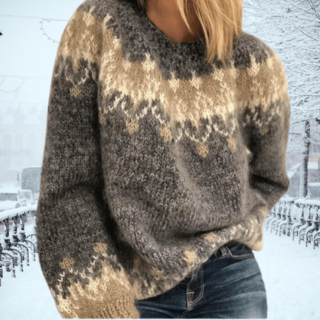 Pull Femme En Maille Laine Mélangée Oversize Col Rond Motif Nordique Pour Un Style Décontracté