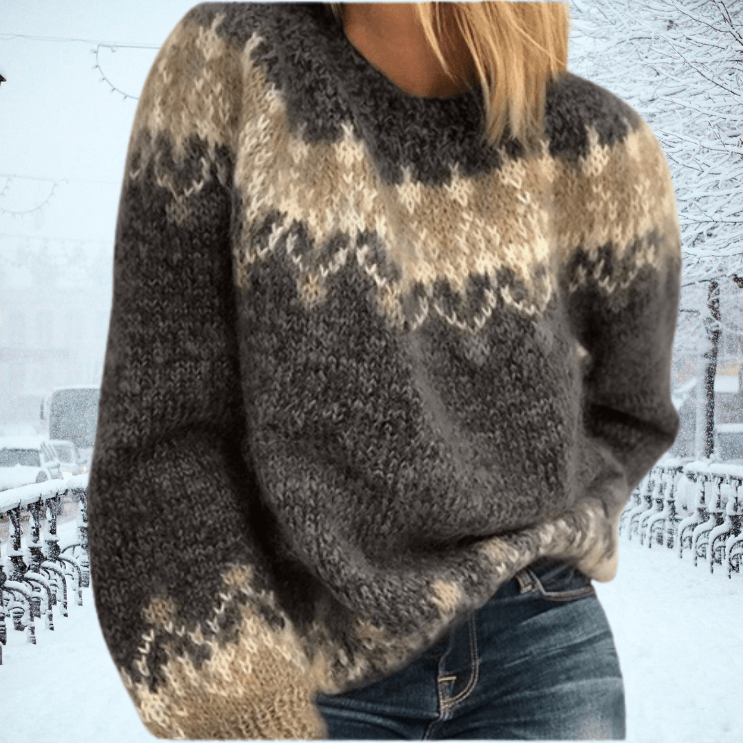 Pull Femme En Maille Laine Mélangée Oversize Col Rond Motif Nordique Pour Un Style Décontracté