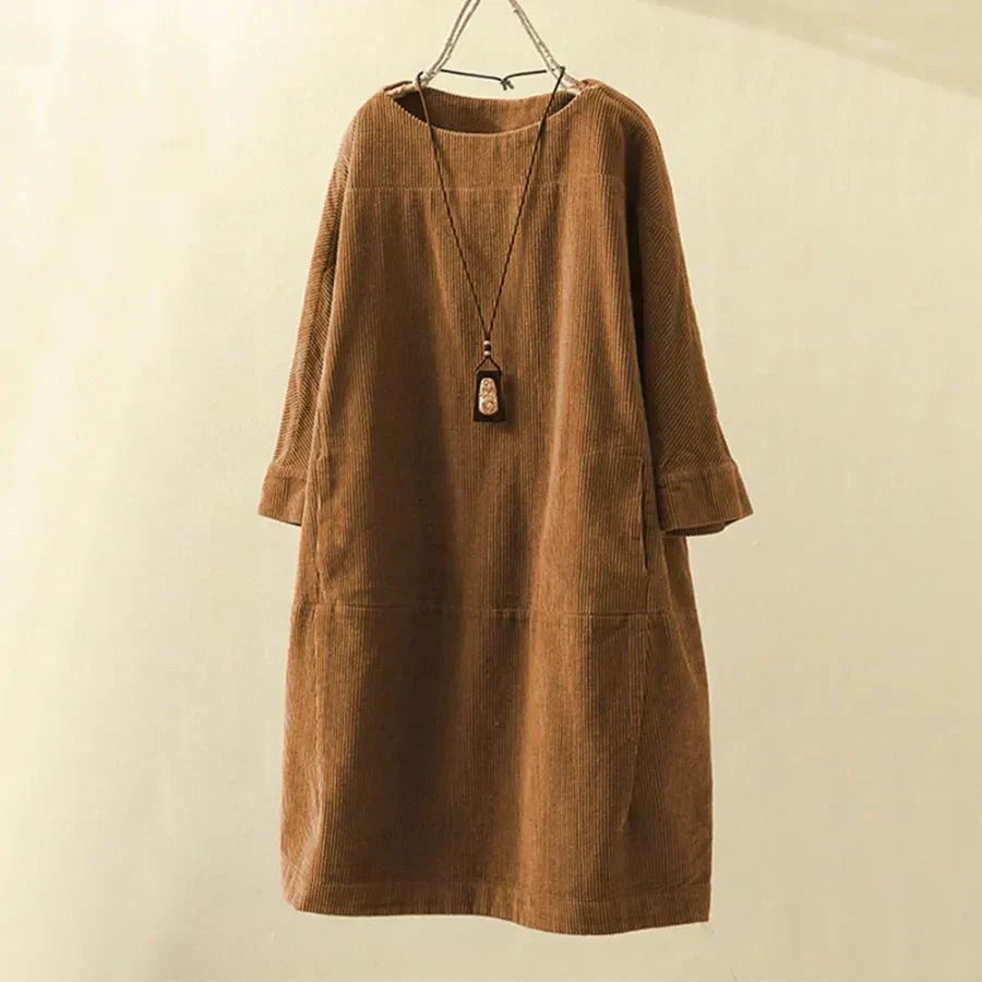 Robe Femme Velours Côtelé Décontractée Longueur Genou Manches Longues Col Rond Amawinc Pour Tous Les Jours