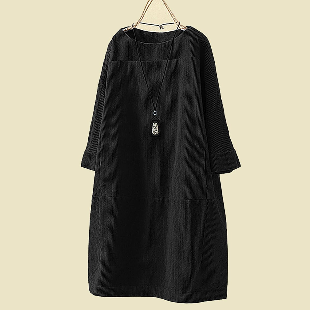 Robe Femme Velours Côtelé Décontractée Longueur Genou Manches Longues Col Rond Amawinc Pour Tous Les Jours