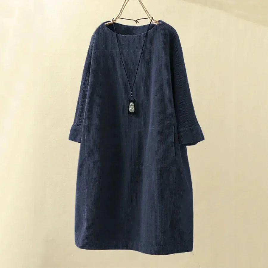 Robe Femme Velours Côtelé Décontractée Longueur Genou Manches Longues Col Rond Amawinc Pour Tous Les Jours