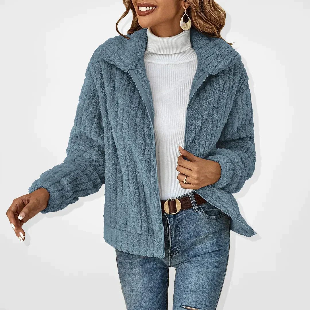 Veste en Peluche pour Femmes Texture Côtelée Col Montant Zip avant Coupe Décontractée Amawinc Nordisk Flair