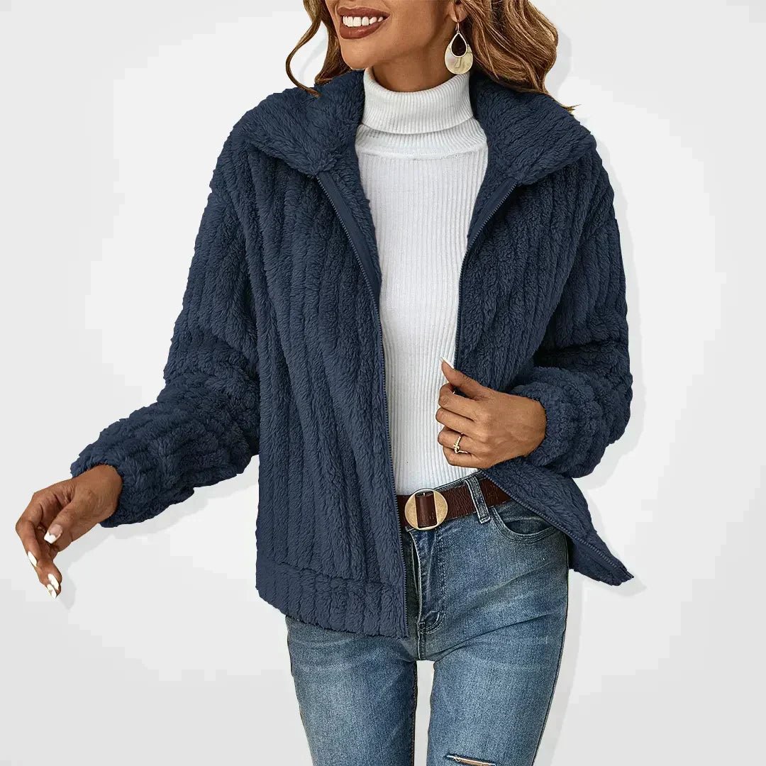Veste en Peluche pour Femmes Texture Côtelée Col Montant Zip avant Coupe Décontractée Amawinc Nordisk Flair