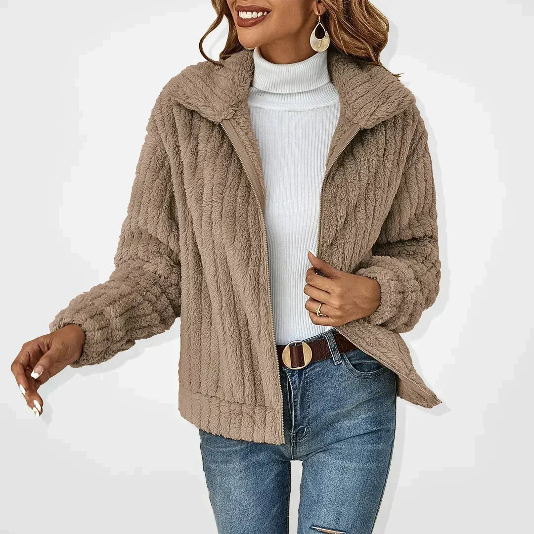 Veste en Peluche pour Femmes Texture Côtelée Col Montant Zip avant Coupe Décontractée Amawinc Nordisk Flair