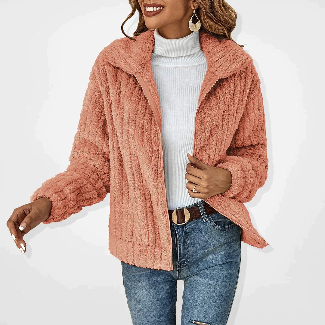 Veste en Peluche pour Femmes Texture Côtelée Col Montant Zip avant Coupe Décontractée Amawinc Nordisk Flair